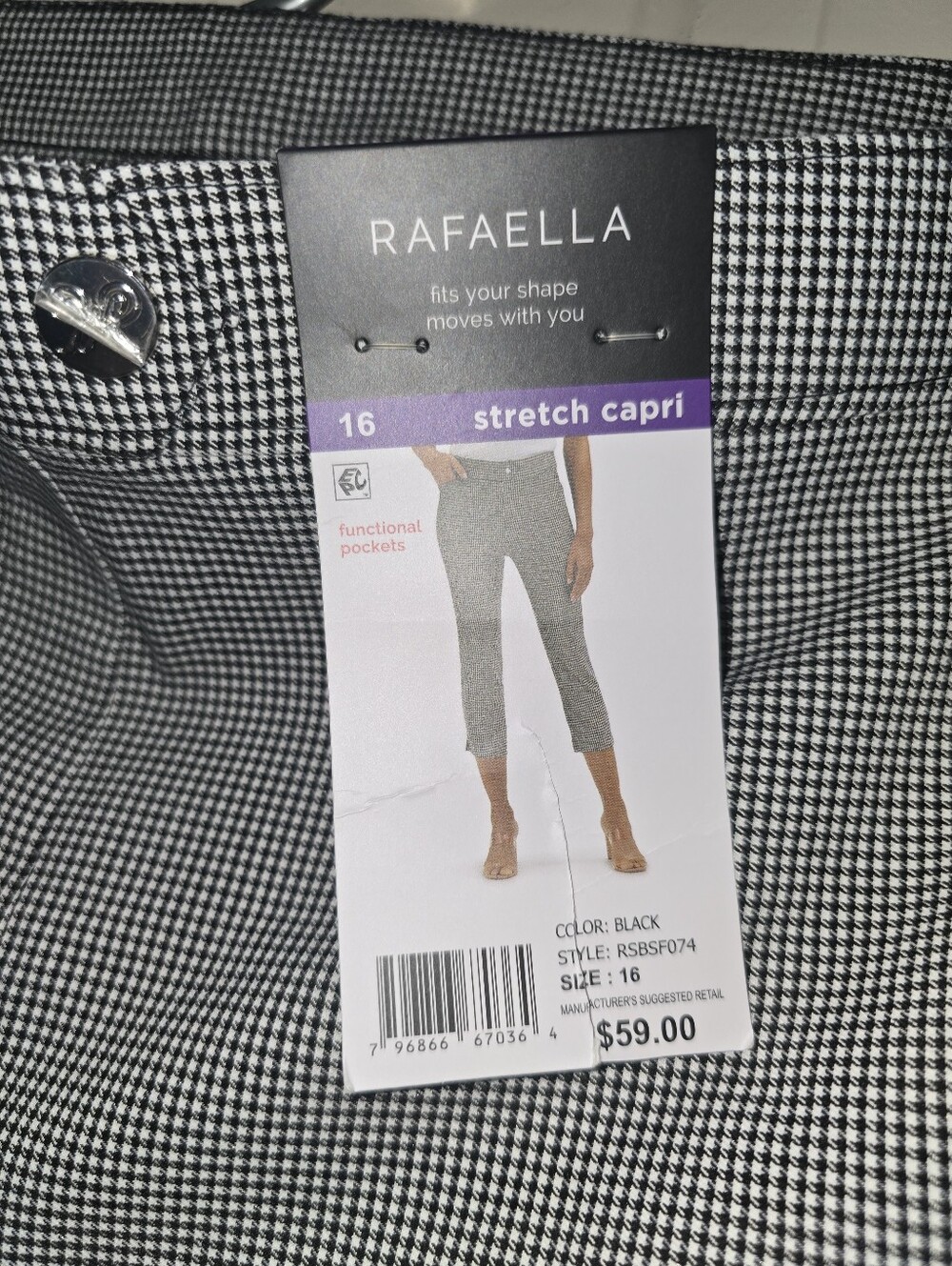 Rafaella Black & White Houndstooth Stretch Capri Pants Size 16